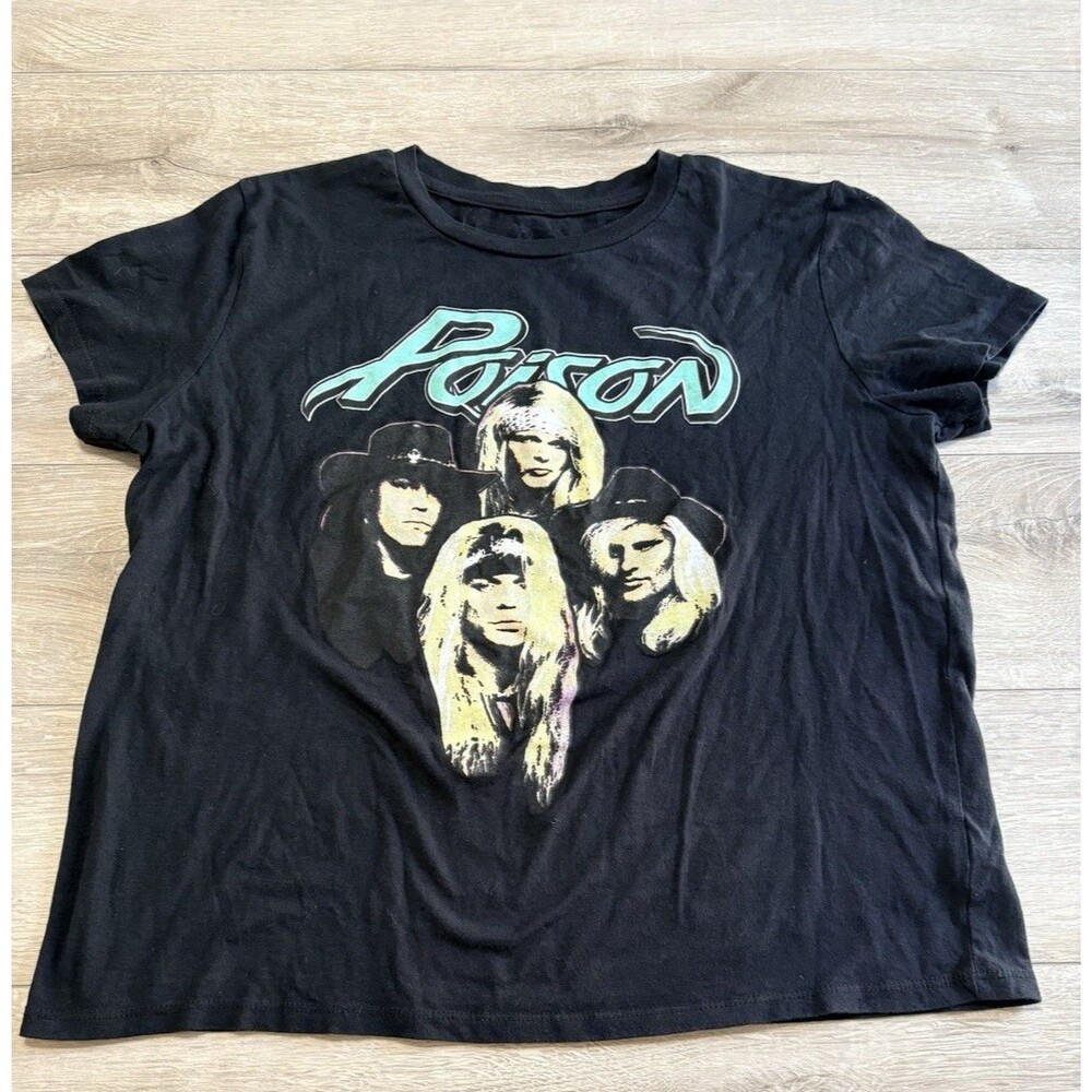 Poison 80s Glam Rock Music Band Black Short Sleeve Cap Graphic T Shirt Large